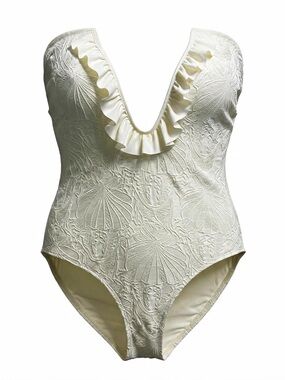 CeCe Ivory Textured One Piece Swimsuit Size 12 Ruffle V Neck Removable Straps